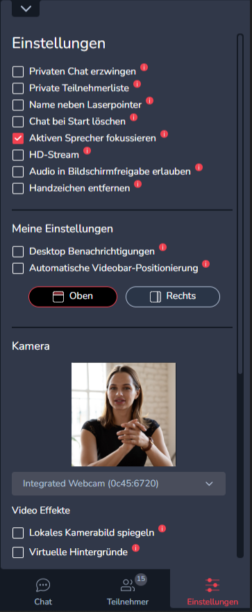 Einstellungen im Webinar-Raum