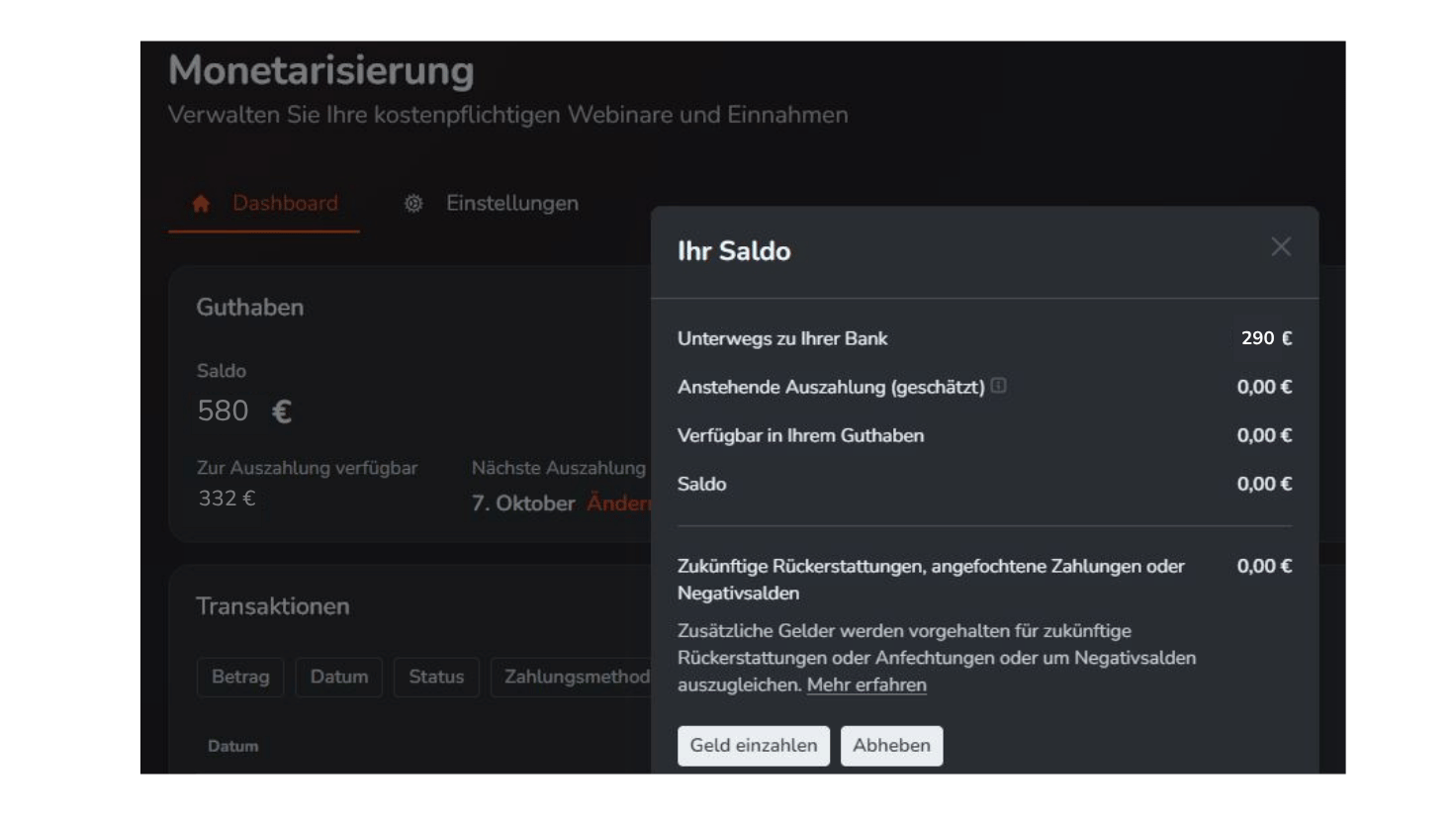 Guthaben auszahlen lassen bezahlte Webinare