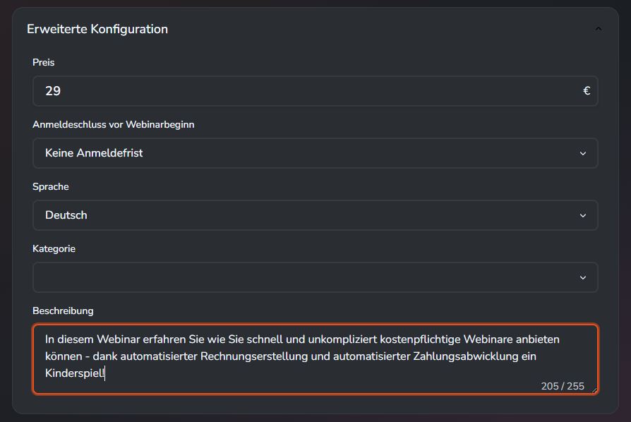 erweiterte Konfiguration bezahlte Webinare
